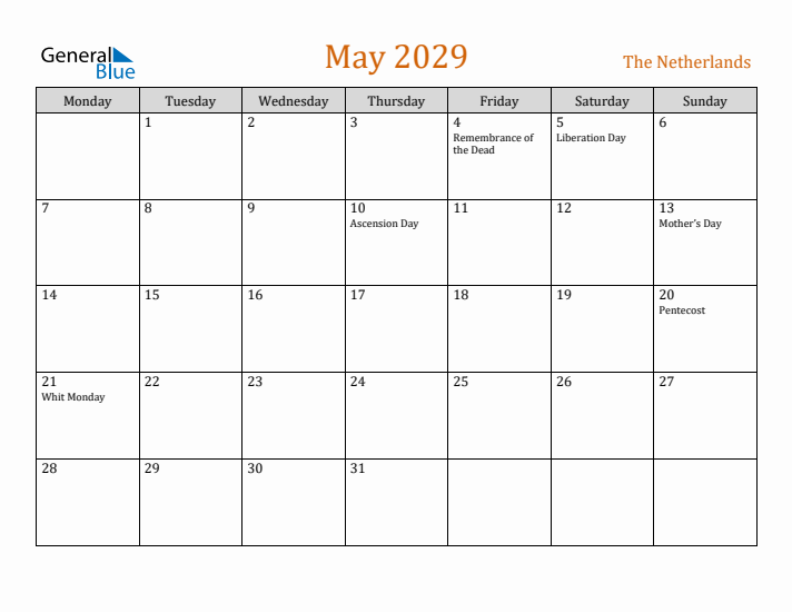 May 2029 Holiday Calendar with Monday Start