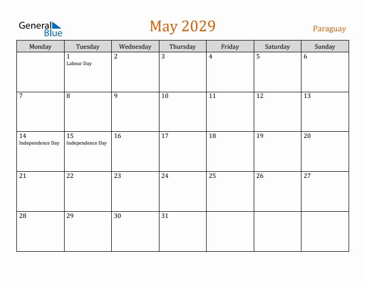 May 2029 Holiday Calendar with Monday Start