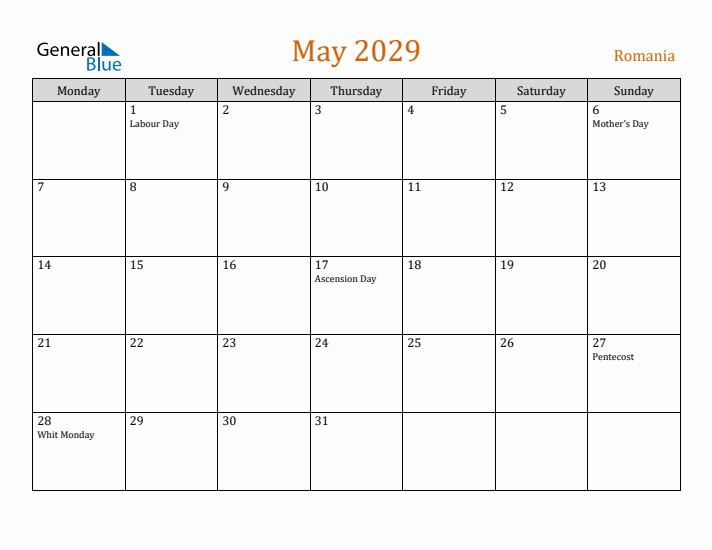 May 2029 Holiday Calendar with Monday Start