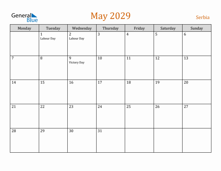 May 2029 Holiday Calendar with Monday Start