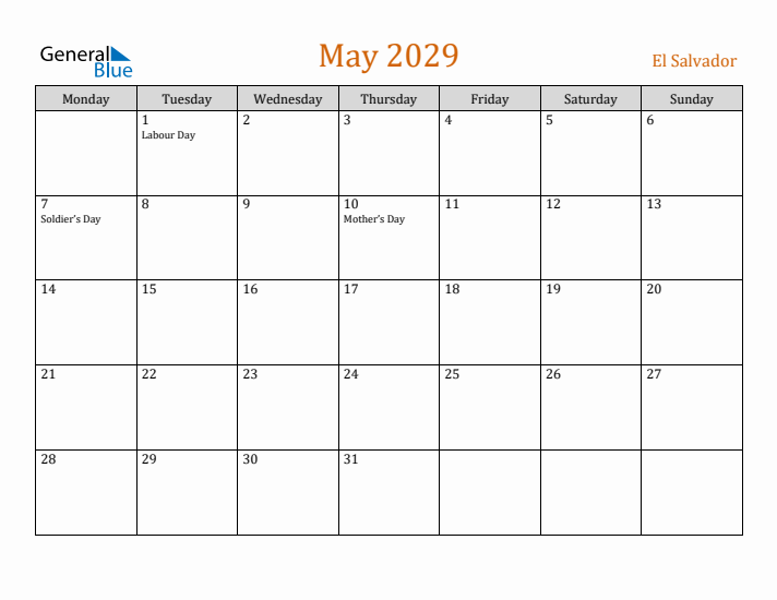 May 2029 Holiday Calendar with Monday Start