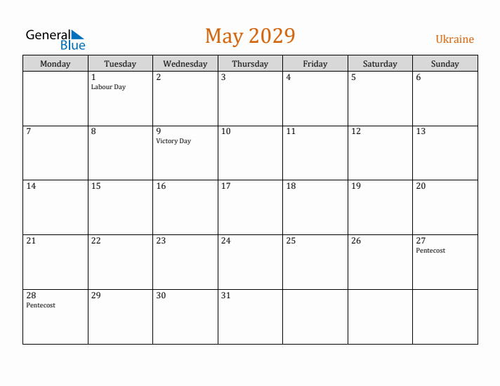 May 2029 Holiday Calendar with Monday Start