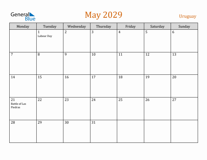 May 2029 Holiday Calendar with Monday Start