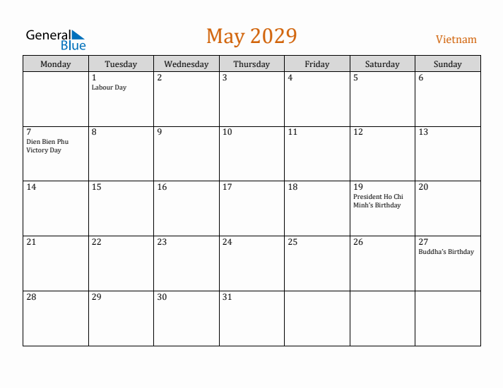 May 2029 Holiday Calendar with Monday Start