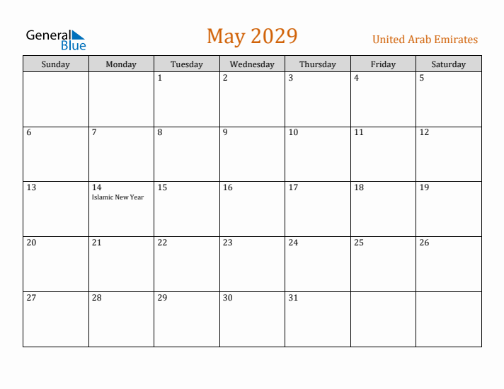 May 2029 Holiday Calendar with Sunday Start