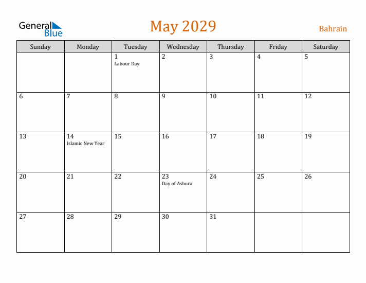 May 2029 Holiday Calendar with Sunday Start