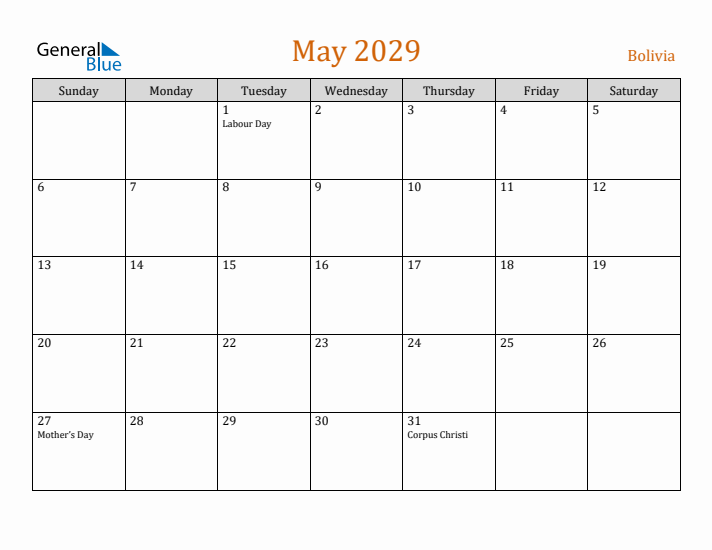 May 2029 Holiday Calendar with Sunday Start