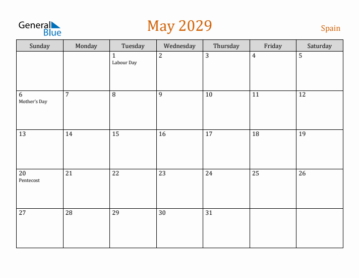 May 2029 Holiday Calendar with Sunday Start