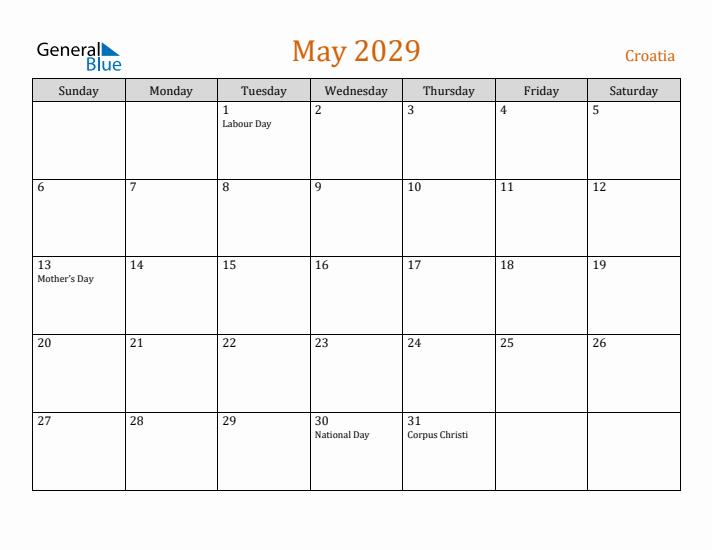 May 2029 Holiday Calendar with Sunday Start