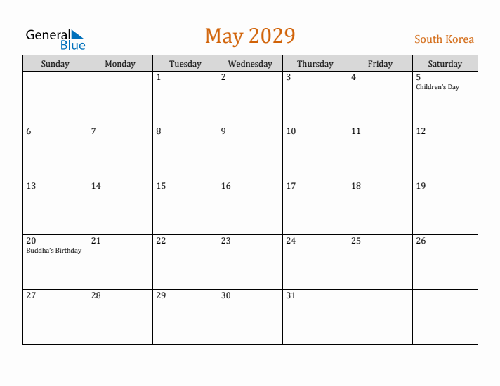 May 2029 Holiday Calendar with Sunday Start