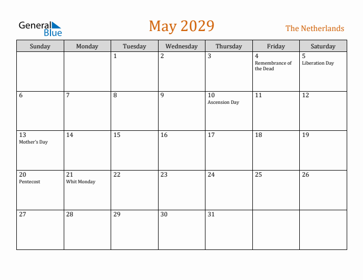 May 2029 Holiday Calendar with Sunday Start