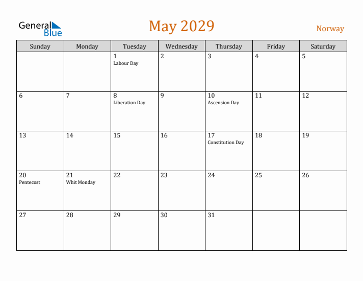 May 2029 Holiday Calendar with Sunday Start