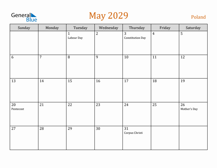 May 2029 Holiday Calendar with Sunday Start