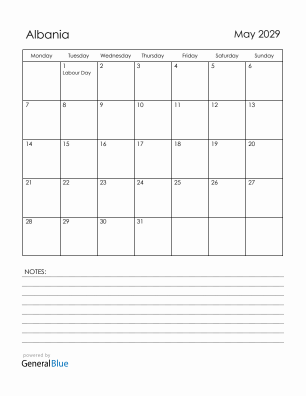 May 2029 Albania Calendar with Holidays (Monday Start)