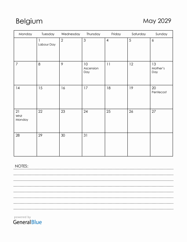 May 2029 Belgium Calendar with Holidays (Monday Start)