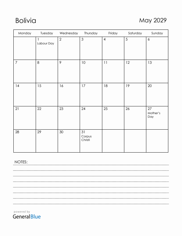 May 2029 Bolivia Calendar with Holidays (Monday Start)