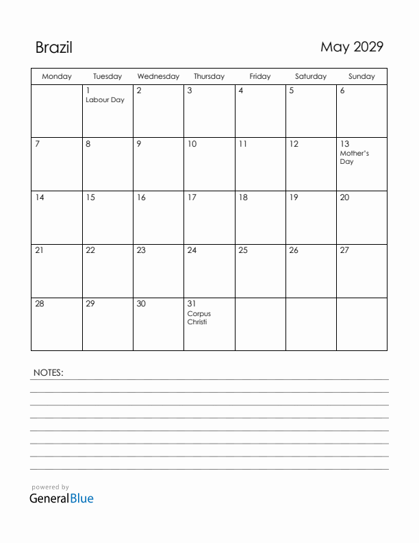 May 2029 Brazil Calendar with Holidays (Monday Start)