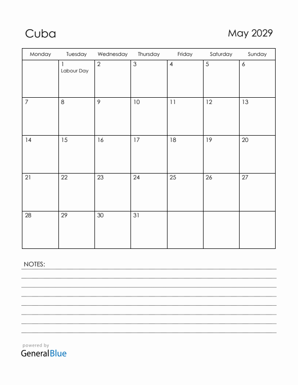 May 2029 Cuba Calendar with Holidays (Monday Start)