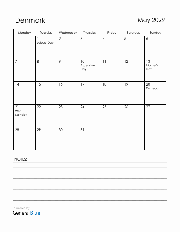 May 2029 Denmark Calendar with Holidays (Monday Start)