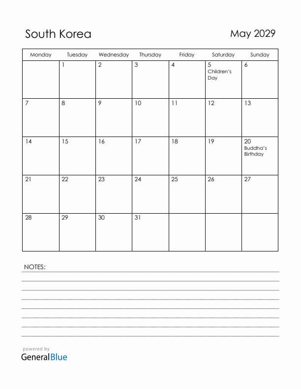 May 2029 South Korea Calendar with Holidays (Monday Start)