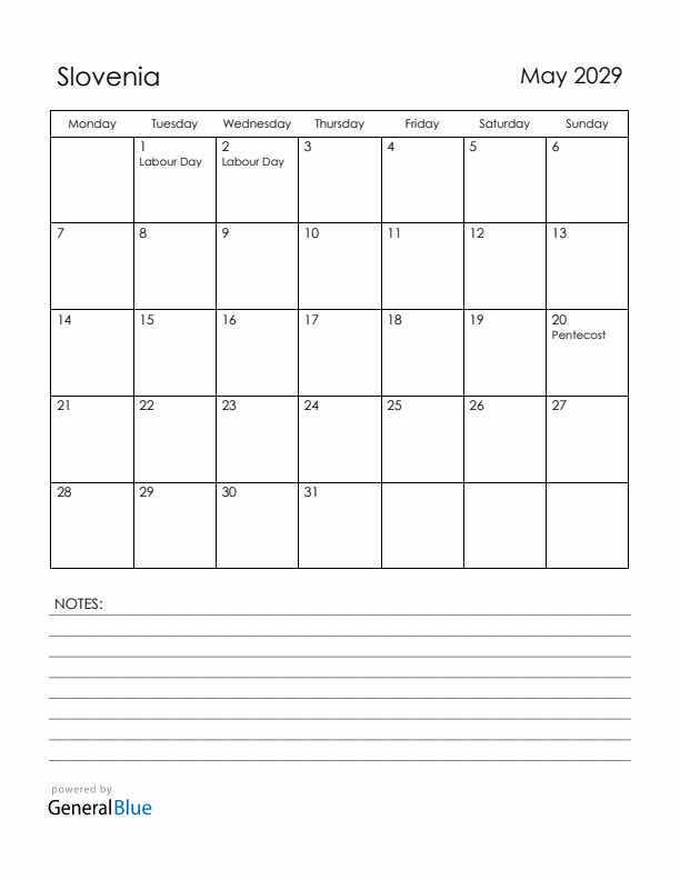 May 2029 Slovenia Calendar with Holidays (Monday Start)