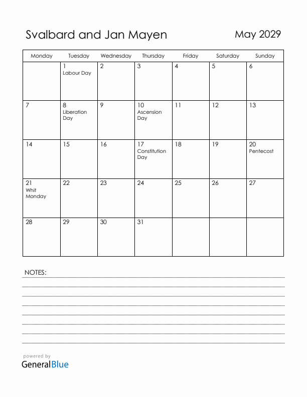 May 2029 Svalbard and Jan Mayen Calendar with Holidays (Monday Start)