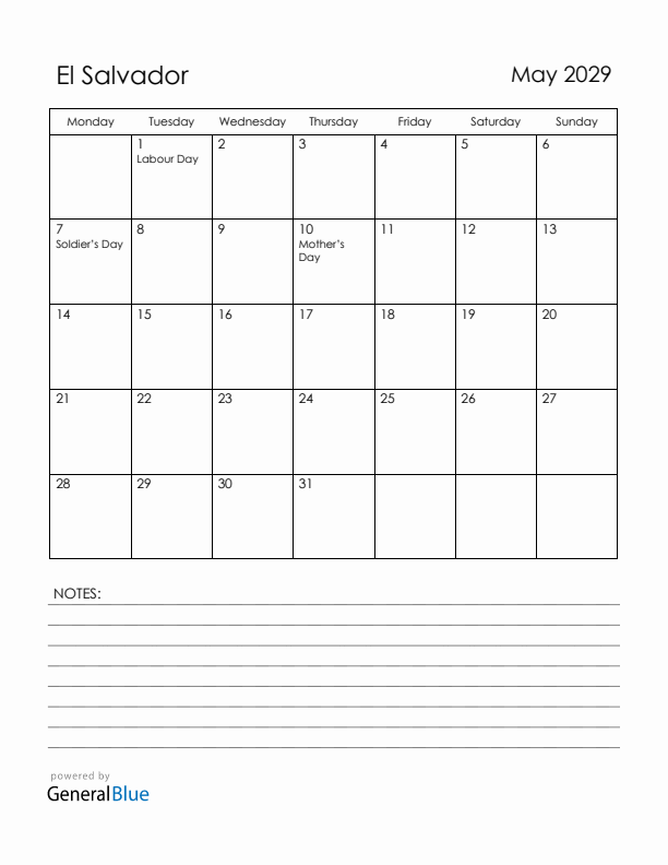 May 2029 El Salvador Calendar with Holidays (Monday Start)