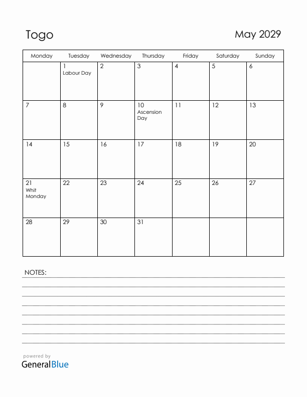 May 2029 Togo Calendar with Holidays (Monday Start)