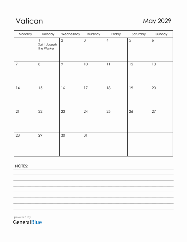 May 2029 Vatican Calendar with Holidays (Monday Start)