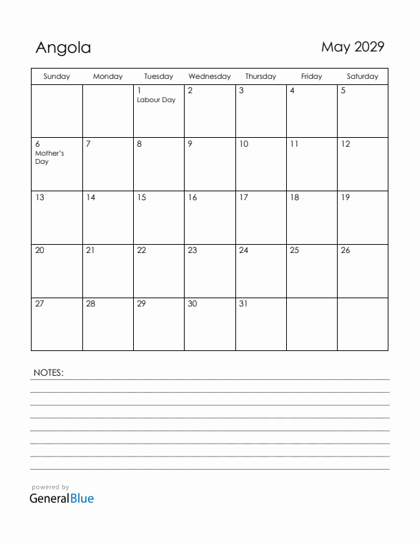 May 2029 Angola Calendar with Holidays (Sunday Start)