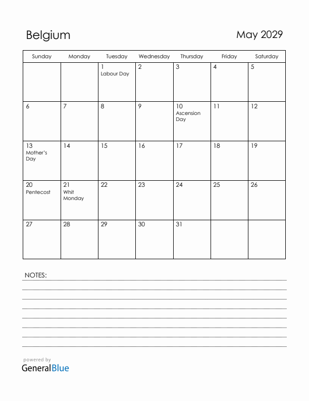 May 2029 Belgium Calendar with Holidays (Sunday Start)
