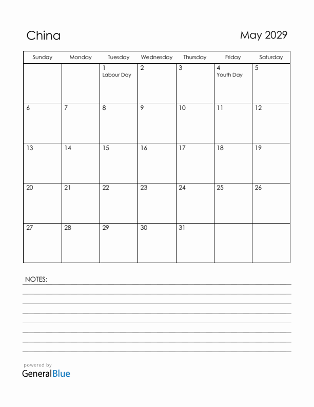 May 2029 China Calendar with Holidays (Sunday Start)