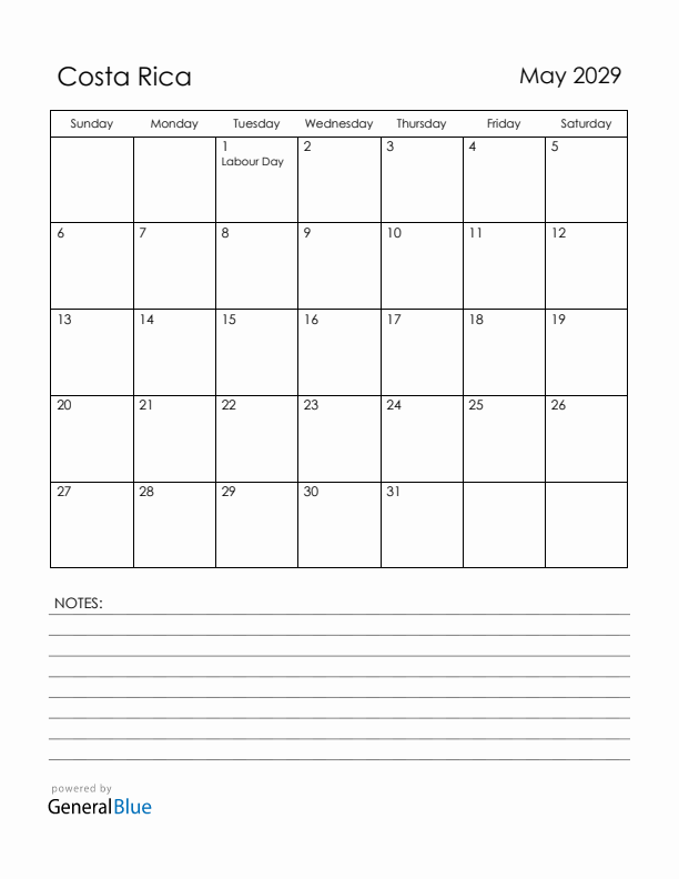 May 2029 Costa Rica Calendar with Holidays (Sunday Start)