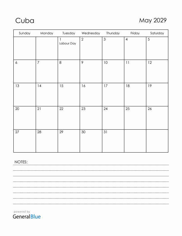 May 2029 Cuba Calendar with Holidays (Sunday Start)