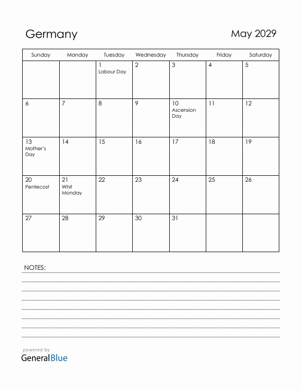 May 2029 Germany Calendar with Holidays (Sunday Start)
