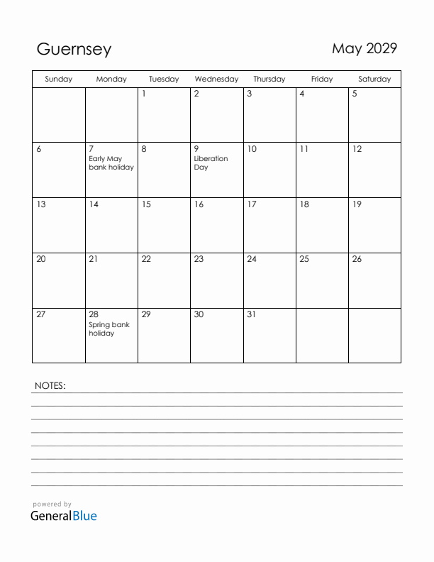 May 2029 Guernsey Calendar with Holidays (Sunday Start)