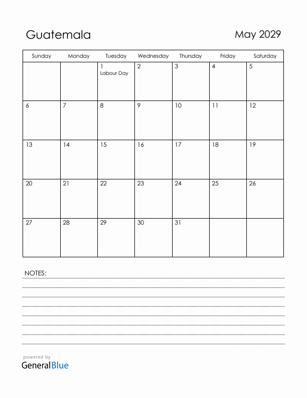 May 2029 Guatemala Calendar with Holidays (Sunday Start)