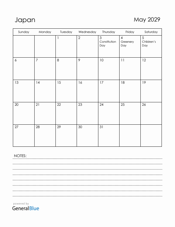 May 2029 Japan Calendar with Holidays (Sunday Start)