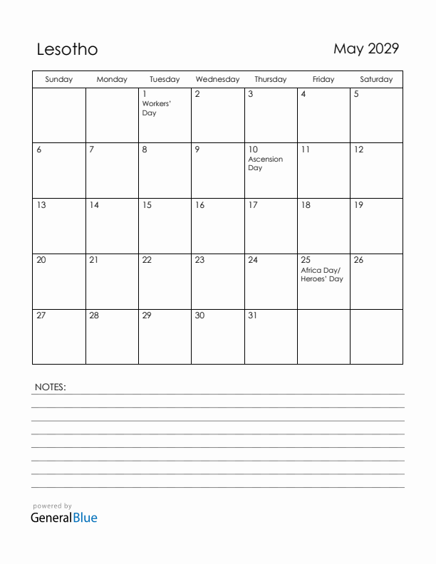 May 2029 Lesotho Calendar with Holidays (Sunday Start)