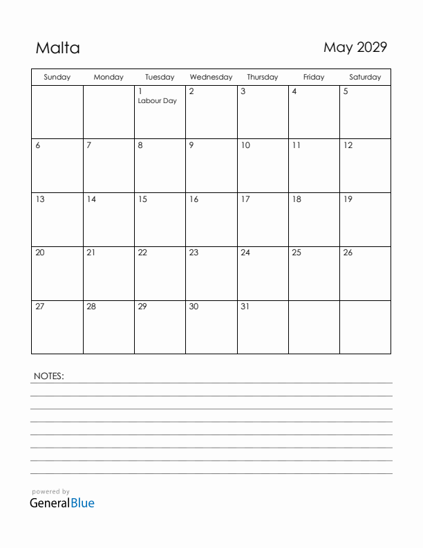 May 2029 Malta Calendar with Holidays (Sunday Start)