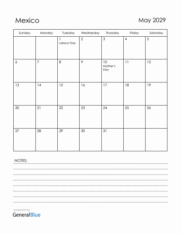 May 2029 Mexico Calendar with Holidays (Sunday Start)