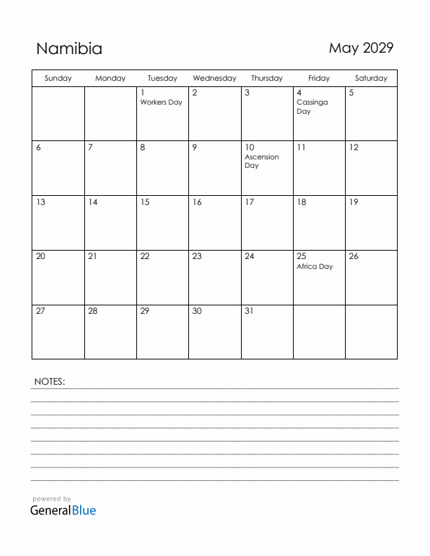 May 2029 Namibia Calendar with Holidays (Sunday Start)