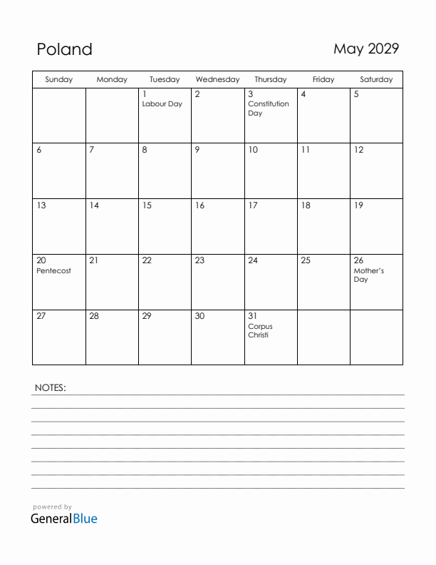 May 2029 Poland Calendar with Holidays (Sunday Start)