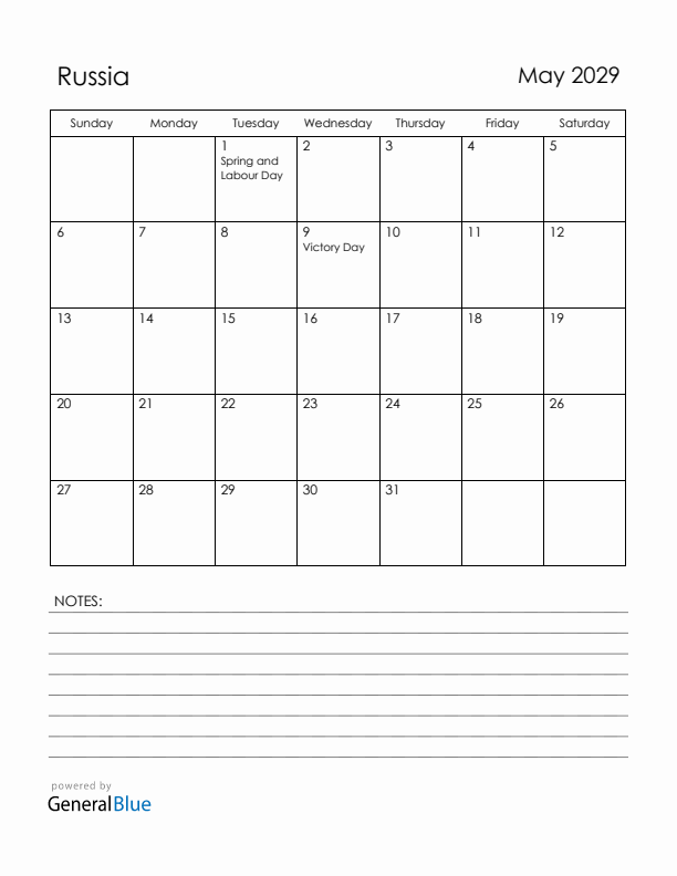 May 2029 Russia Calendar with Holidays (Sunday Start)