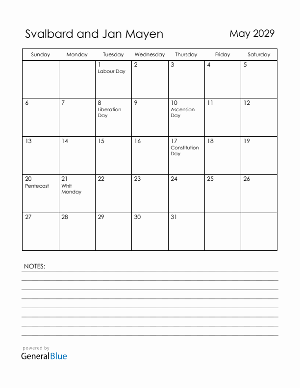 May 2029 Svalbard and Jan Mayen Calendar with Holidays (Sunday Start)