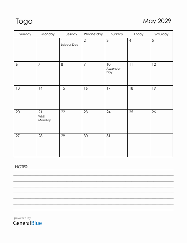 May 2029 Togo Calendar with Holidays (Sunday Start)