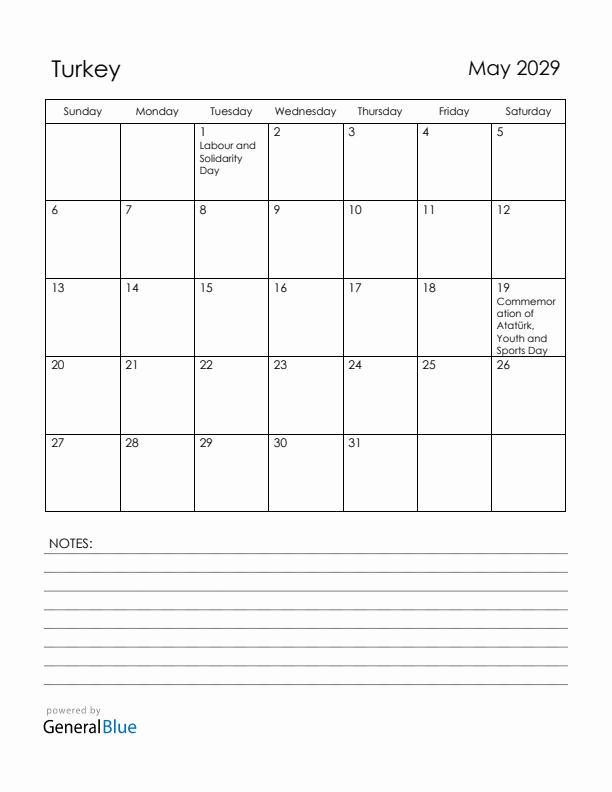 May 2029 Turkey Calendar with Holidays (Sunday Start)