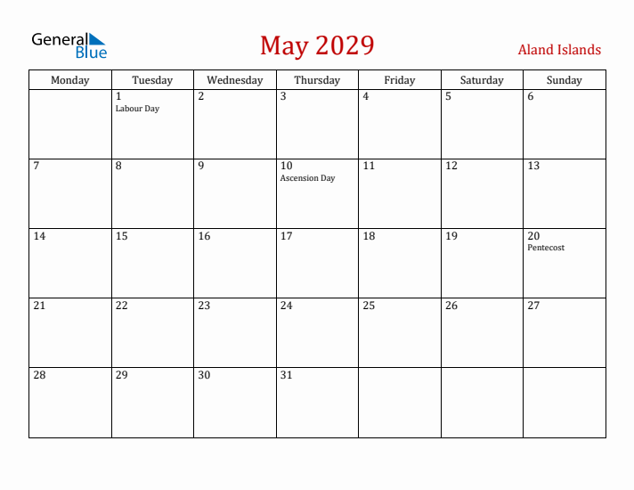 Aland Islands May 2029 Calendar - Monday Start