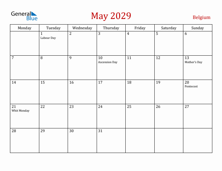 Belgium May 2029 Calendar - Monday Start