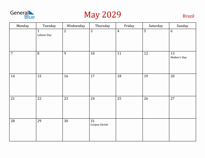 Brazil May 2029 Calendar - Monday Start